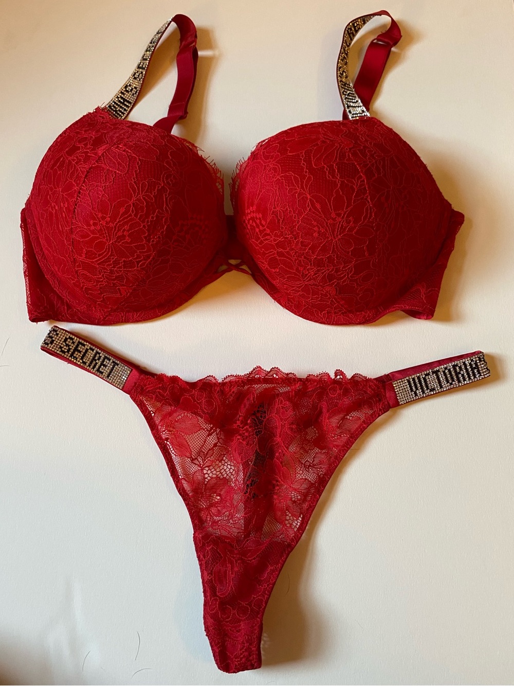 Victoria’s Secret Very Sexy Red Lace Rhinestone Shine Strap Push-Up Bra & Thong